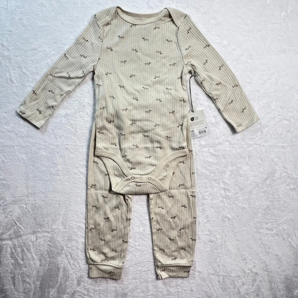 Cloud Island Baby 24M Dachshund Ribbed Bodysuit and Pants Set Beige 2pc NWT